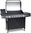 Gas BBQ Grill 7 Burner (6 Main + 1 Side Burner), Outdoor Barbecue with Warming Rack, Side Burner, Temperature Gauge, Weatherproof Cover, Black