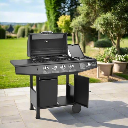 Gas BBQ Grill 5 Burner (4 Main + 1 Side Burner), Outdoor Barbecue with Steel Warming Rack, Storage Cabinet, Temperature Gauge
