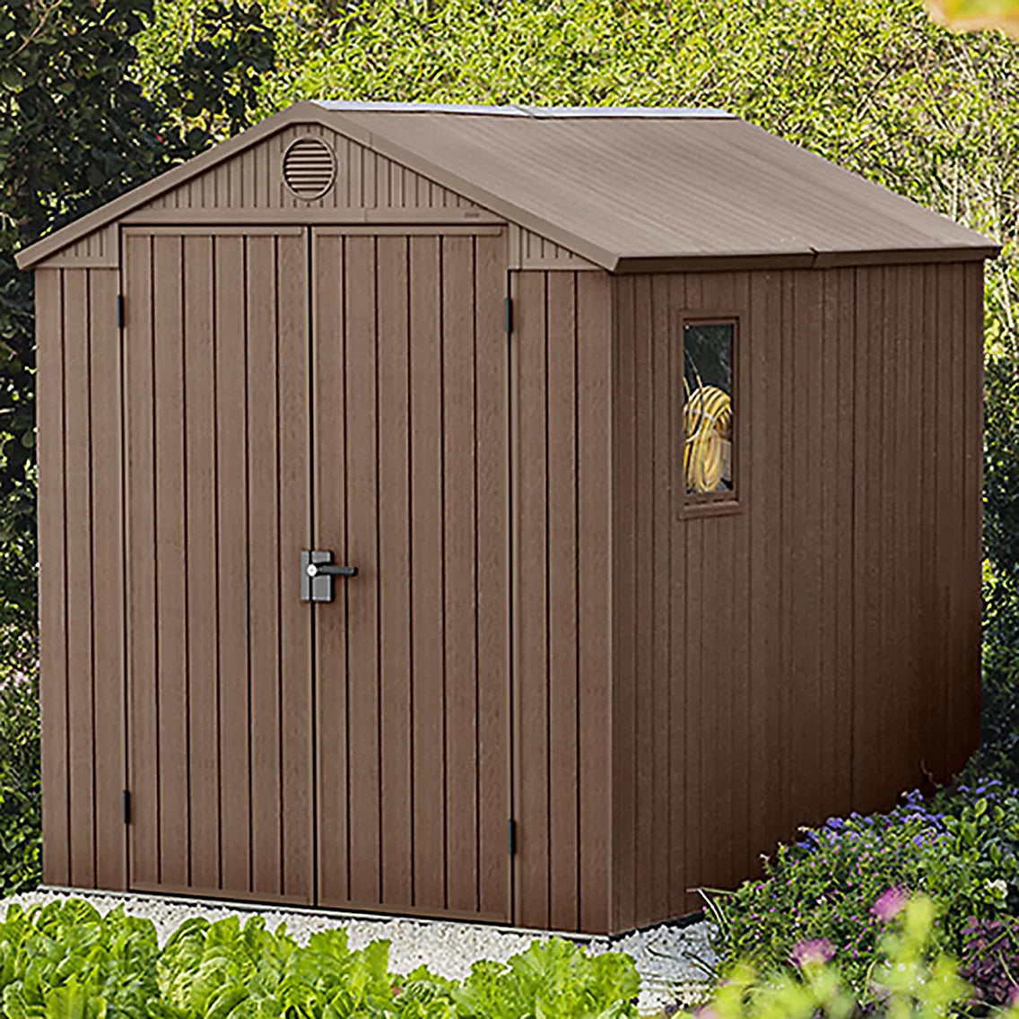 8 × 6 ft Plastic Storage Shed with Floor, Window and Double Door Access, Base Included